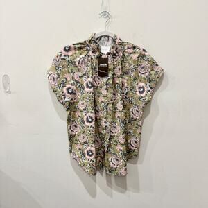 Sundays 100% Cotton Floral Ruffle High Neck Blouse Top Green/Pink Women's Size M